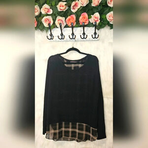 Suzy Shier Original Black w/Plaid Pullover Tulip Back Sweater (NWOT)